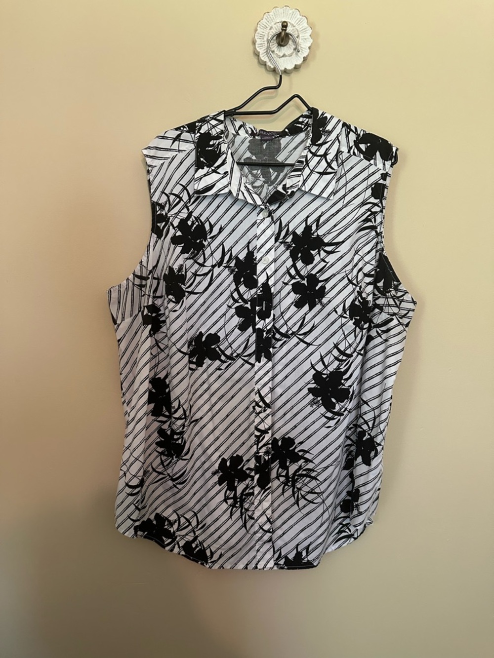 Roaman's Black & White Graphic Stripe Floral Blouse